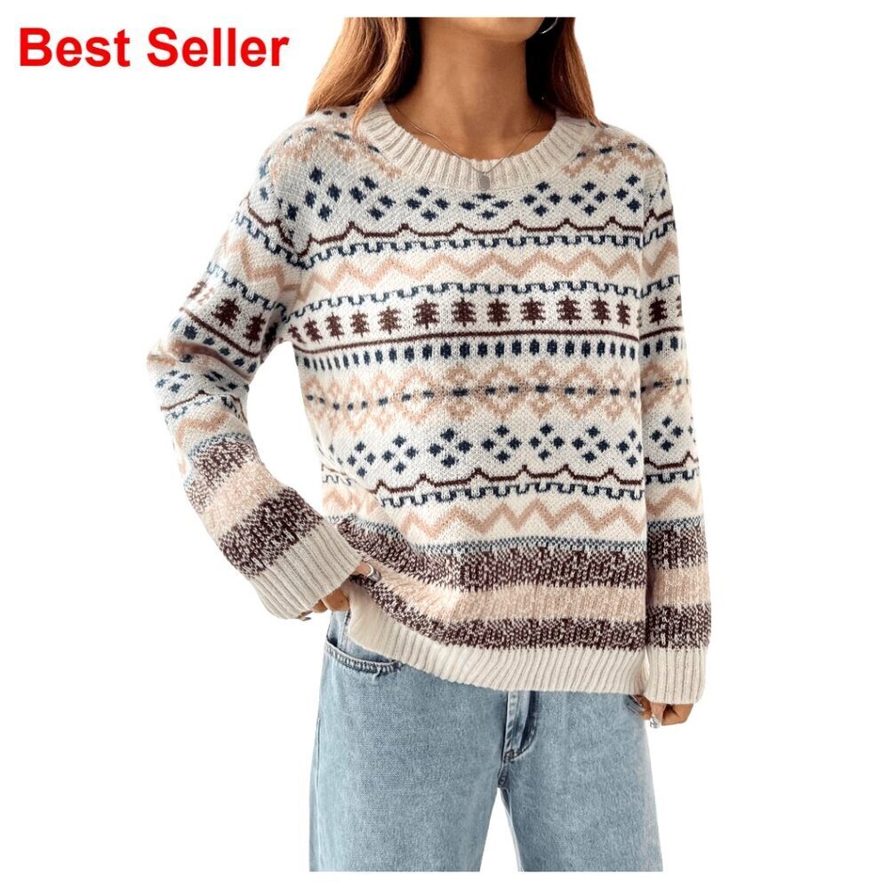 Vintage Geometric Pullover Sweater Crew Neck Long Sleeve Knit Top